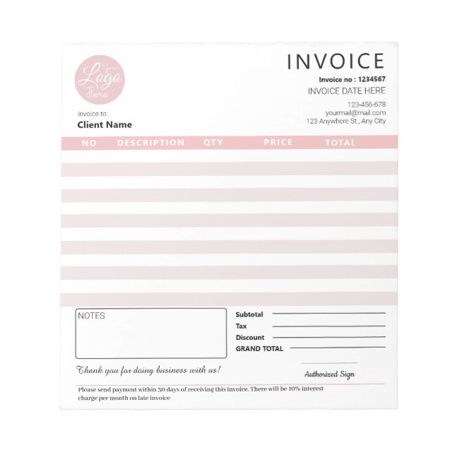 Modern Small Business Invoice Sales Receipt Pink Notepad (Front)