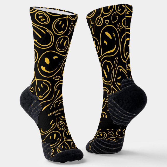 Modern Smile Bridesmaid Groomsmen Black yellow Socks (Angled)