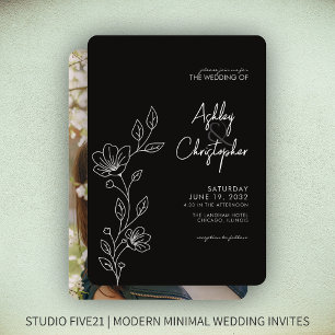 Modern Smokey Black Foliage Outline Photo Wedding Invitation