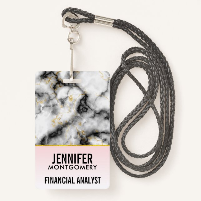 Modern Smoky Grey Marble with Gold Ribbon Badge (Front with Lanyard)