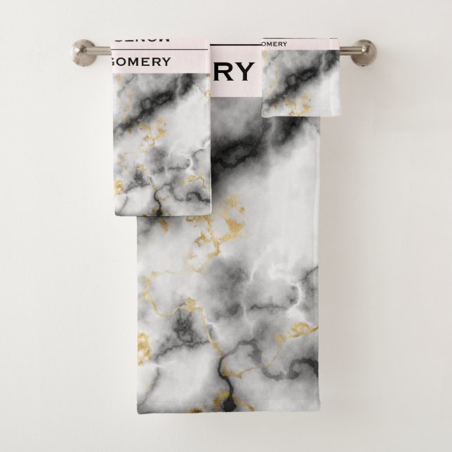 Modern Smoky Grey Marble with Gold Ribbon Bath Towel Set (Insitu)