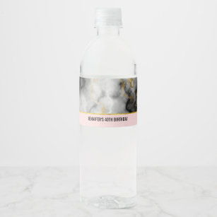 Modern Smoky Grey Marble with Gold Ribbon Birthday Water Bottle Label