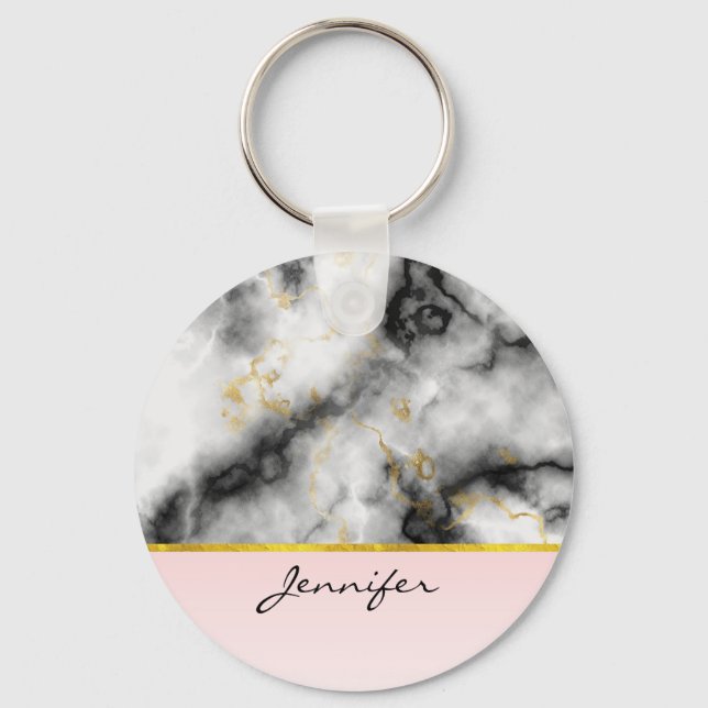 Modern Smoky Grey Marble with Gold Ribbon Keychain (Front)