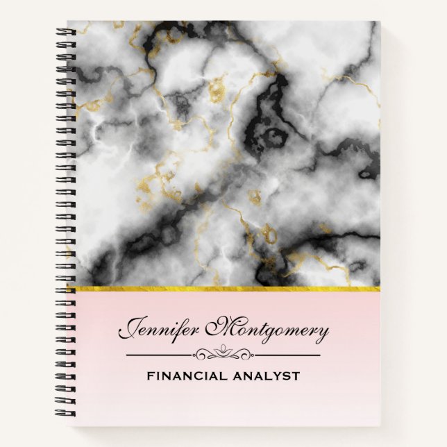 Modern Smoky Grey Marble with Gold Ribbon Notebook (Front)