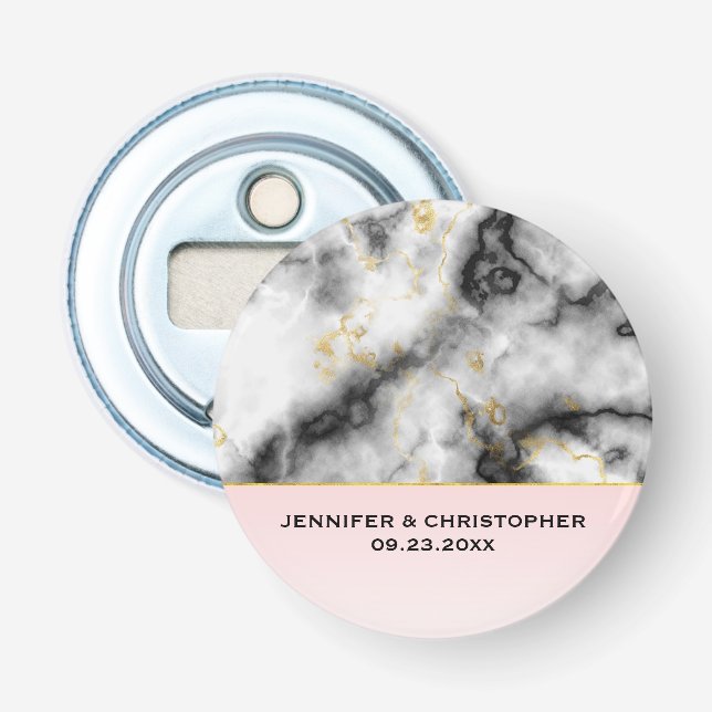 Modern Smoky Grey Marble with Gold Ribbon Wedding Bottle Opener (Front)