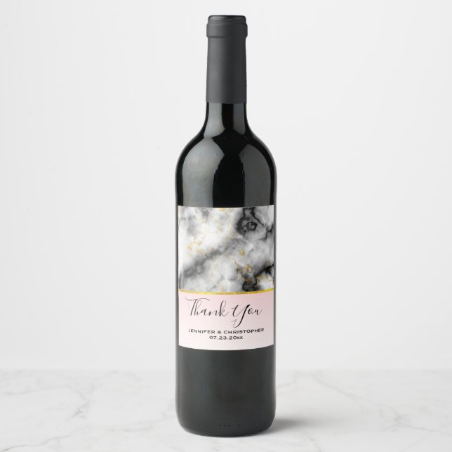 Modern Smoky Grey Marble with Gold Ribbon Wedding Wine Label (Front)