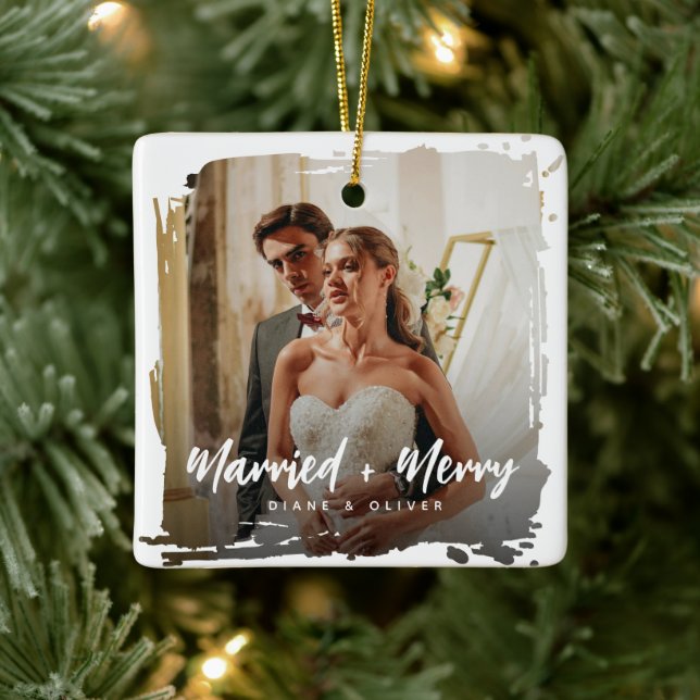 Modern Smudge Newlyweds Photo Married + Merry Ceramic Ornament (Tree)