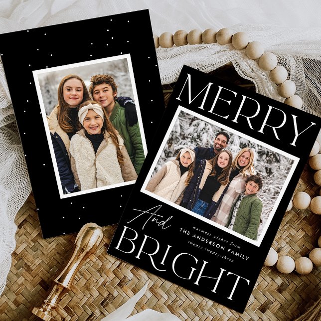 Modern Snapshot Black Merry and Bright 2 Photo Holiday Card (Creator Uploaded)