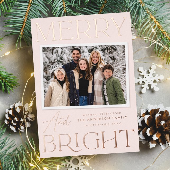 Modern Snapshot Blush Merry and Bright Photo Foil Holiday Card (Creator Uploaded)