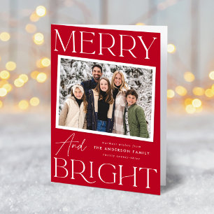 Modern Snapshot Red Merry and Bright 2 Photo Holiday Card