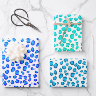 Modern Snow Leopard Blue Green Animal Print Wrapping Paper Sheet