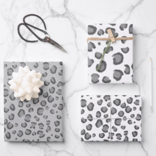 Modern Snow Leopard Gray Black White Animal Print Wrapping Paper Sheet