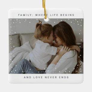 Modern Snow Overlay two Family Photos Ceramic Ornament