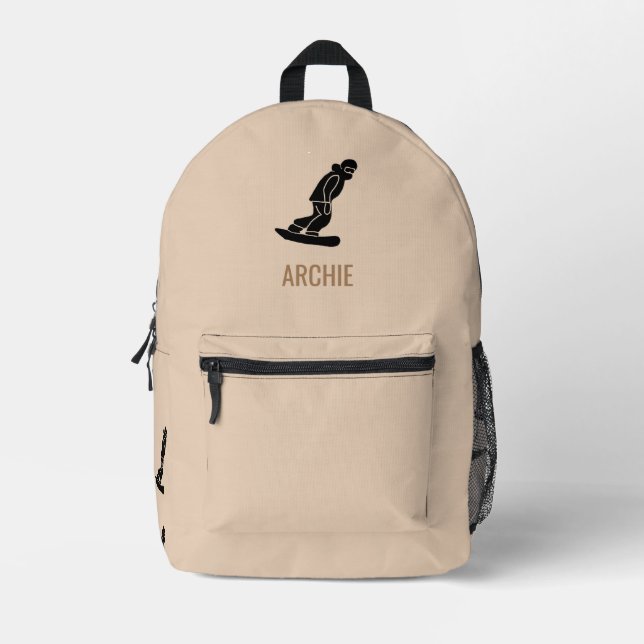 Modern Snowboarder Snowboarding Personalized Beige Printed Backpack (Front)