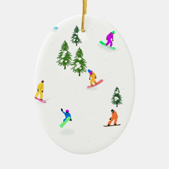 Modern Snowboarders Snowboarding Illustration Ceramic Ornament (Front)