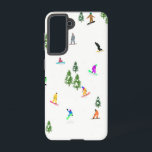 Modern Snowboarding Illustration   Samsung Galaxy Case<br><div class="desc">Cool whimsical illustration art of colourful snowboarders,  snowboarding downhill in mountains among pine,  spruce,  and pine trees on fresh snow powder. Snowboard and Xmas outdoor sport in a winter forest. Snowboarder gifts. Snowboarding design for him</div>