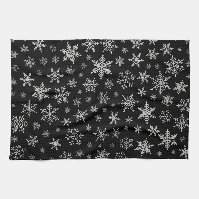 Modern Snowflake 2 -Black & Silver Grey- Kitchen Towel (Horizontal)
