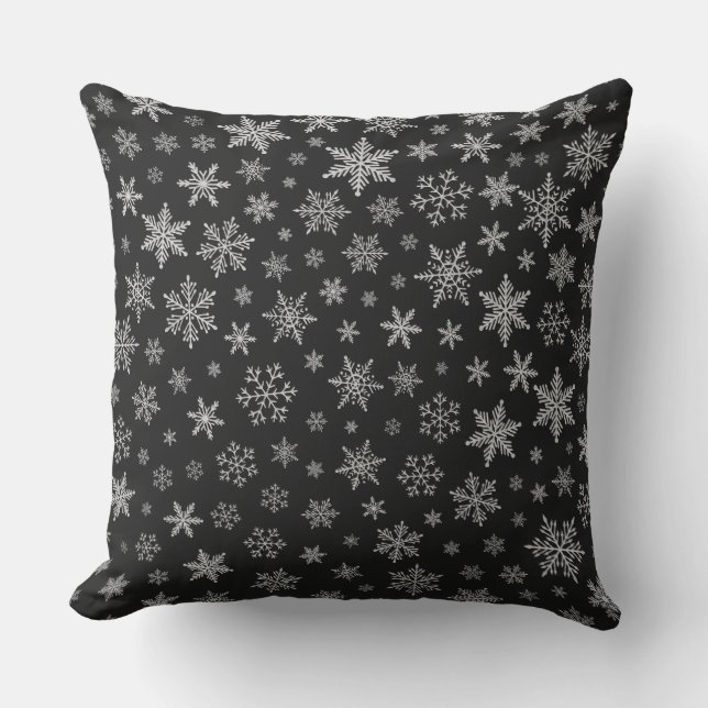 Modern Snowflake 2 -Black & Silver Grey- Throw Pillow (Front)