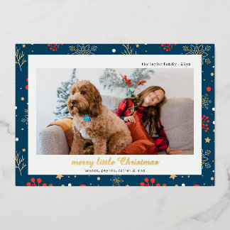 modern snowflake berry blue Christmas foil photo Holiday Card