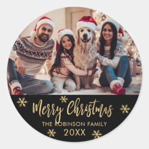 Modern Snowflake Black and Gold Photo Christmas Classic Round Sticker