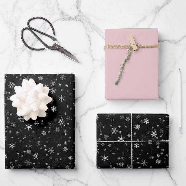 Modern Snowflake Black Pink Pattern Christmas Wrap Wrapping Paper Sheet (Front)