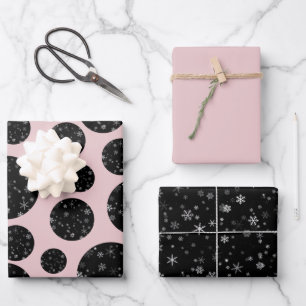 Modern Snowflake Black Pink Pattern Christmas Wrapping Paper Sheet