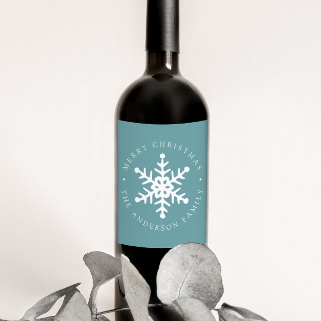 Modern Snowflake Blue Frost Holiday Wine Label (Creator Uploaded)