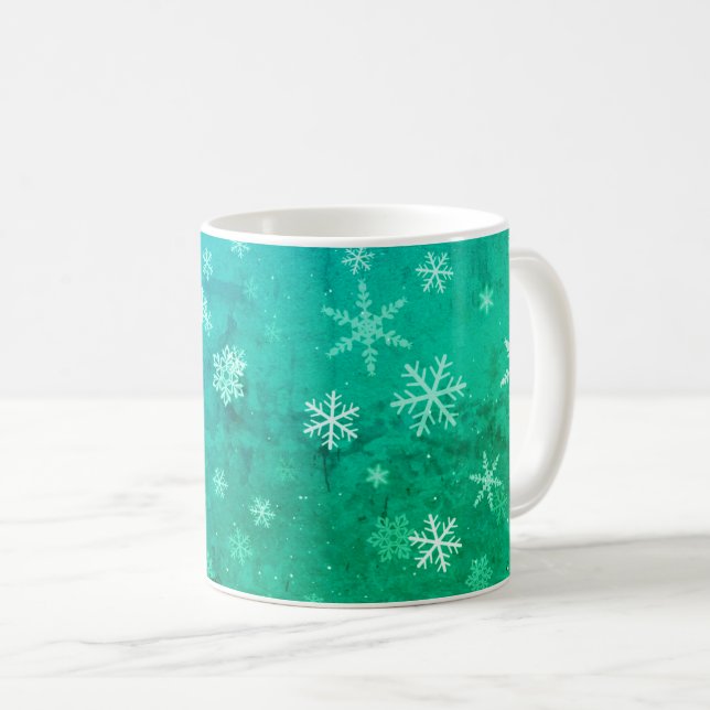 Modern Snowflake Blue Green Pattern Christmas Coffee Mug (Front Right)