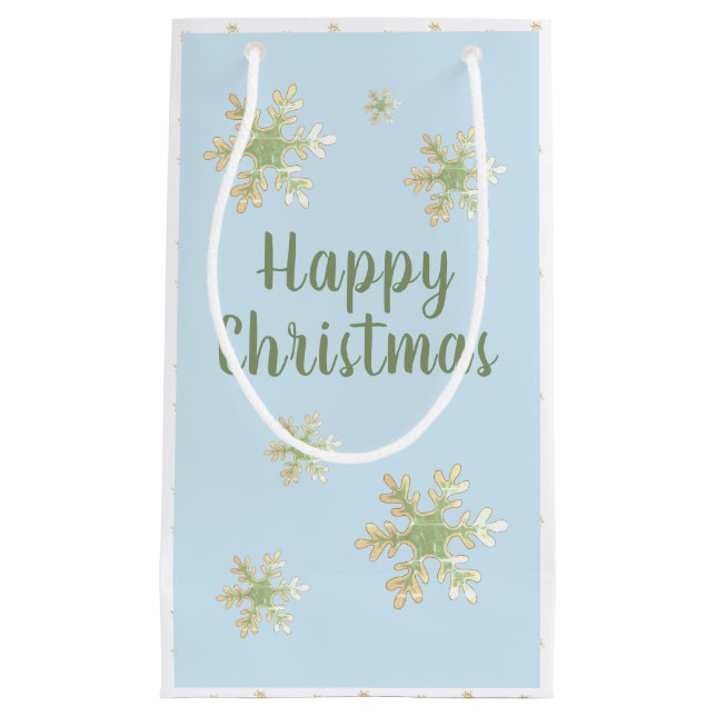 Modern Snowflake Blue Script Happy Christmas Small Gift Bag (Front)