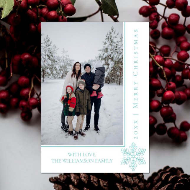 Modern Snowflake Christmas Photo Card | Teal (Teal Modern Snowflake Christmas Photo Card)