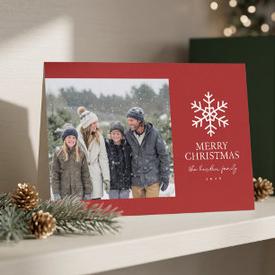 Modern Snowflake Christmas Photo - Red Holiday Card