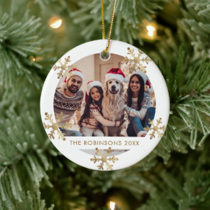 Modern Snowflake Gold and White Photo Christmas Ceramic Ornament