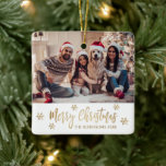 Modern Snowflake Gold and White Photo Christmas Ceramic Ornament<br><div class="desc">Modern Elegant Script Snowflake Gold and White Photo Merry Christmas Script Holiday Ceramic Ornament. Features one) photo template „Merry Christmas” text. The „Merry Christmas” greeting text is written in a beautiful hand lettered whimsical font script and around gold snowflakes on white background. This Ceramic Ornament Cute gift for your family...</div>