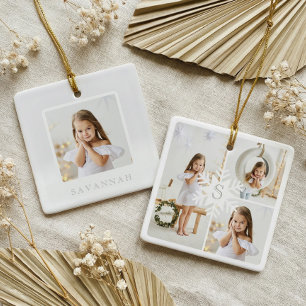 Modern Snowflake Monogram Photo Collage Keepsake Ceramic Ornament