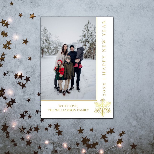 Modern Snowflake New Year's Photo Card | Gold (Modern Snowflake New Years Photo Card - Gold)