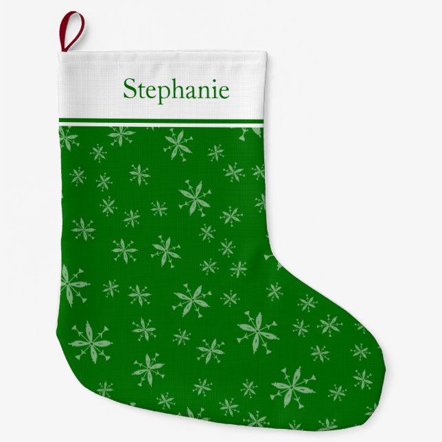Modern Snowflake Pattern Monogrammed Green Large Christmas Stocking (Front)