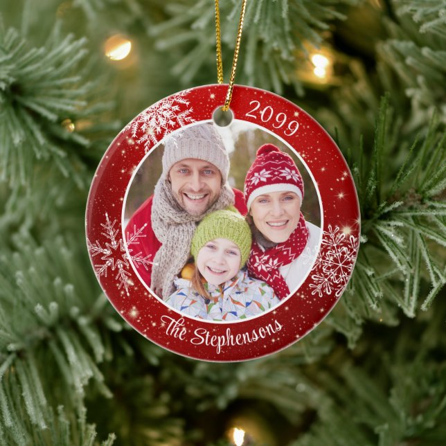 Modern Snowflake Photo Red White Personalized Ceramic Ornament (Tree)