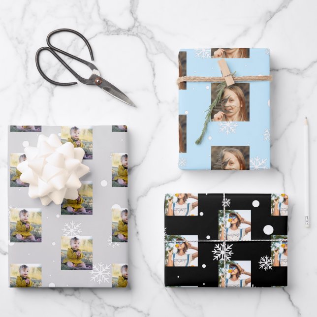 Modern Snowflake Photos Collage Pattern Christmas Wrapping Paper Sheet (Front)