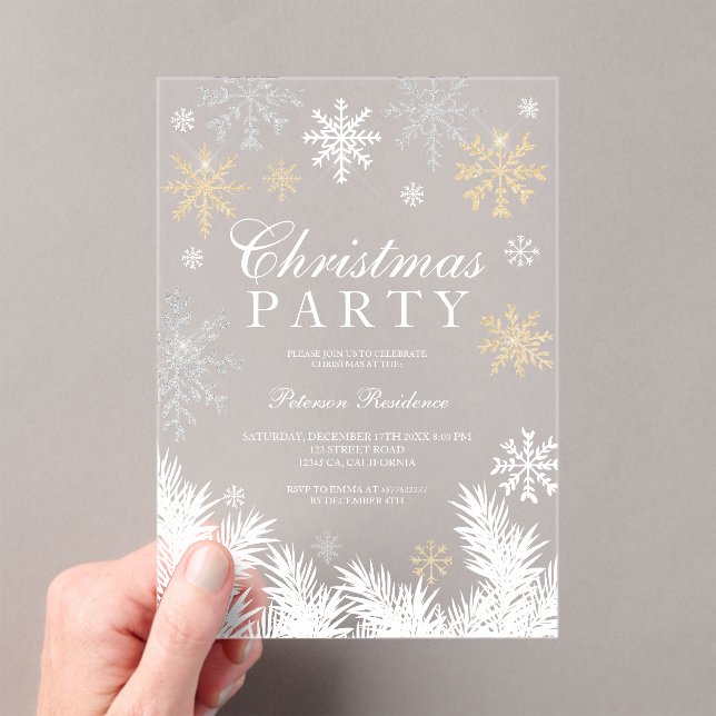 Modern snowflake pine clearwinter Christmas party  Acrylic Invitations (Insitu (Handheld))