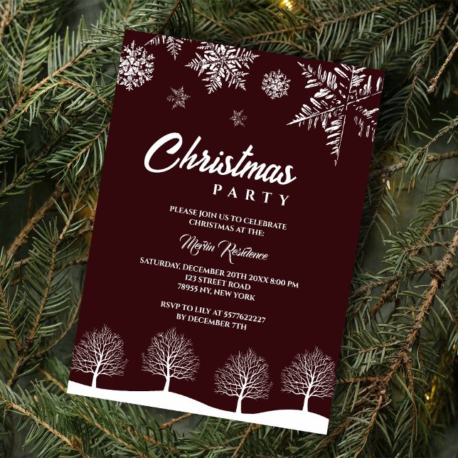 Modern Snowflake Pine Navy Winter Christmas Party Invitation (Creator Uploaded)