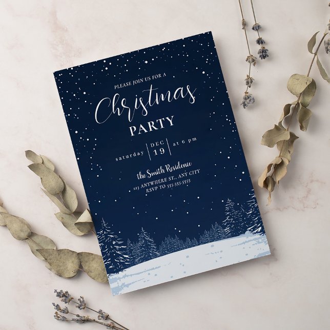 Modern snowflake pine navy winter Christmas party  Invitation (Creator Uploaded)