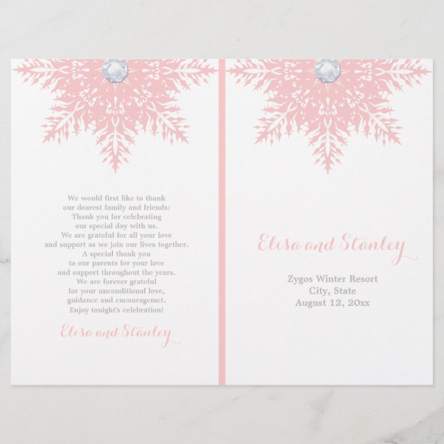 Modern snowflake pink white folded wedding program (Front)
