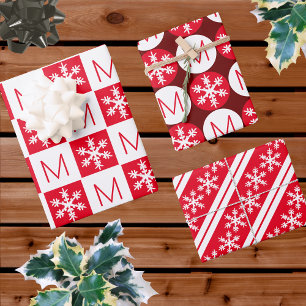 Modern Snowflake Red And White Add Monogram Wrapping Paper Sheet