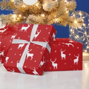 Modern Snowflake Reindeer Red Holiday Pattern Wrapping Paper