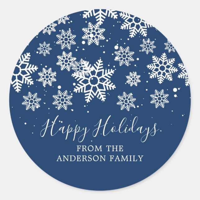 Modern Snowflakes Happy Holidays Classic Round Sticker (Front)