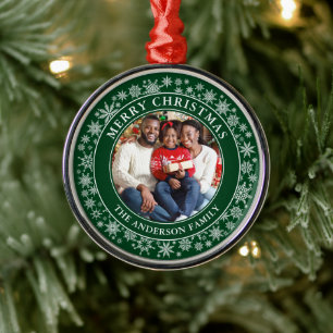 Modern Snowflakes Photo Merry Christmas Green Metal Ornament