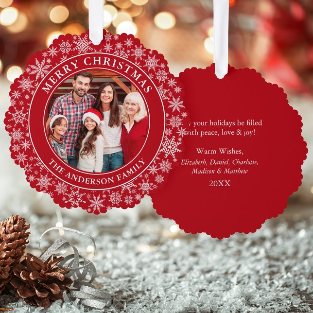 Modern Snowflakes Photo Merry Christmas Red Ornament Card (A greeting card that is also an ornament! Customize with your photo and personalized text.)