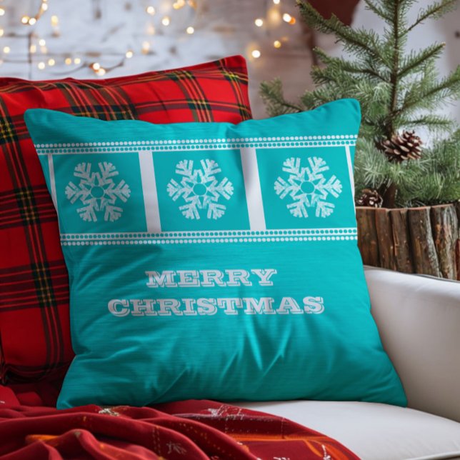 Modern Snowflakes Pillow, Aqua Throw Pillow (Aqua Modern Snowflakes Throw Pillow)