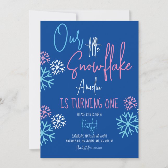 Modern Snowflakes Pink Blue 1st Birthday Party  Invitation (Front)