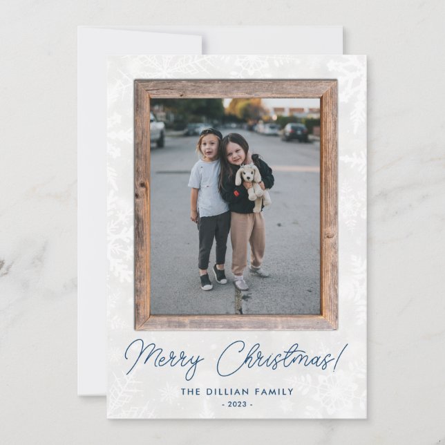 Modern Snowflakes Rustic Wood Frame Holiday Photo Card (Front)